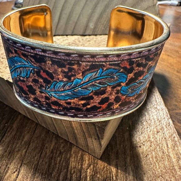Boho Southwestern Feather Turquoise Floral Wide Cuff Bangle Bracelet, Ships in - Picture 1 of 8